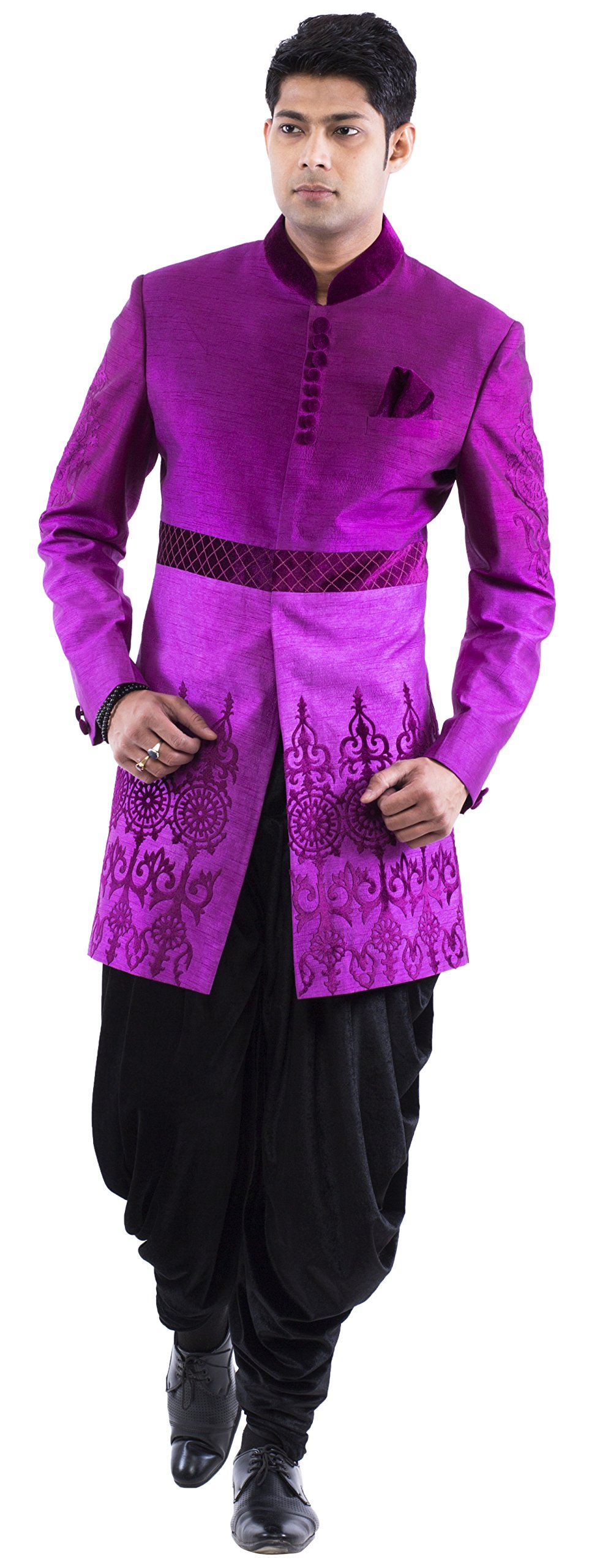 RAJ DESIGN STUDIO Men's Purple Indo-western Velvet Laser Cut Design With Black harem