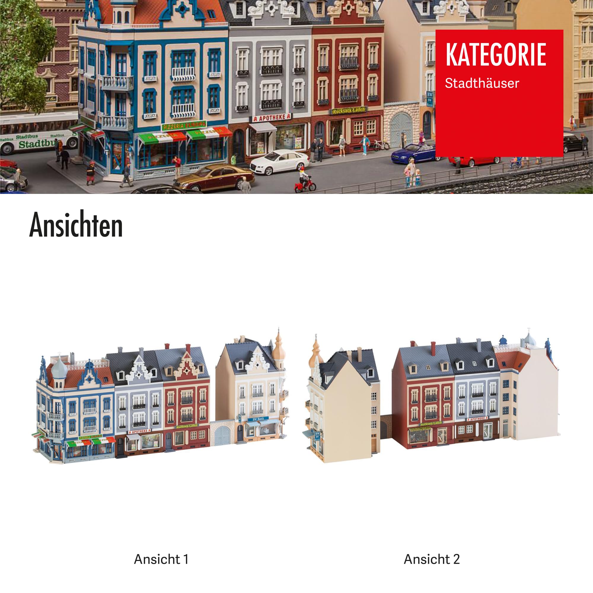 FALLER Stadthäuserzeile Beethovenstraße Modellbausatz mit 1068 Einzelteilen 452 x 118 x 200 mm I Modelleisenbahn Zubehör H0 I Modelleisenbahn H0 Stadt