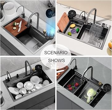 Modern Black Kitchen Sink New 304 Stainless Steel Nano Raindance Waterfall Sink, Utility Sink, Single Bowl Kitchen Vegetable Sinks, Workstation Ledge with Glass Cup Bottle Washer for Laundry