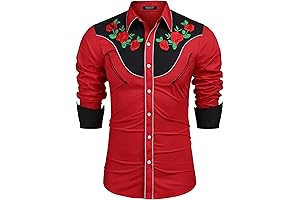 Men's Cowboy Shirt with Embroidered Rose Adornment