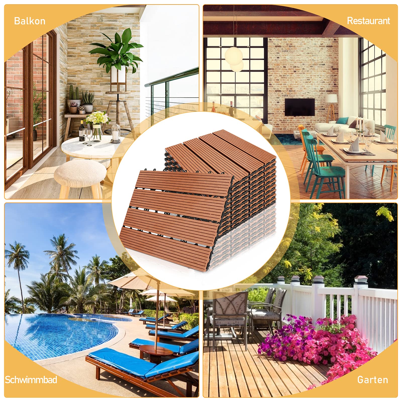 Piastrelle in WPC, 30 x 30 cm, set da 11 per 1 m², effetto legno, per giardino, balcone, pavimento con drenaggio e sistema a click, piastrelle in legno marrone