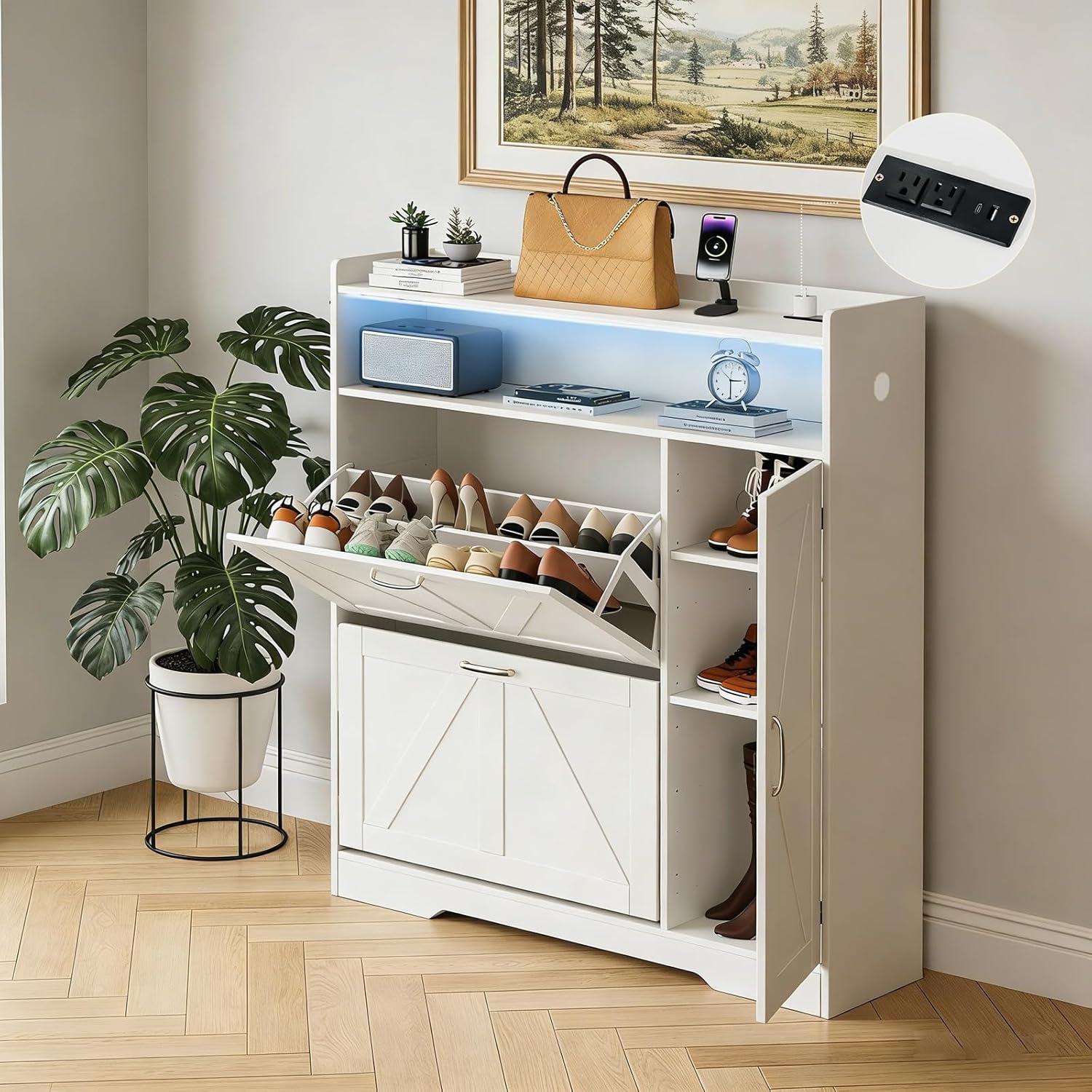 Artswish Large Shoe Storage Cabinet for Entryway with 2 Flip Drawers and Power Outlet, Sturdy Wood Hidden Freestanding Narrow Slim Shoe Organizer for Front Door Entrance, Living Room, Hallway, White