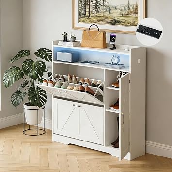 Artswish Large Shoe Storage Cabinet for Entryway with 2 Flip Drawers and Power Outlet, Sturdy Wood Hidden Freestanding Narrow Slim Shoe Organizer for Front Door Entrance, Living Room, Hallway, White