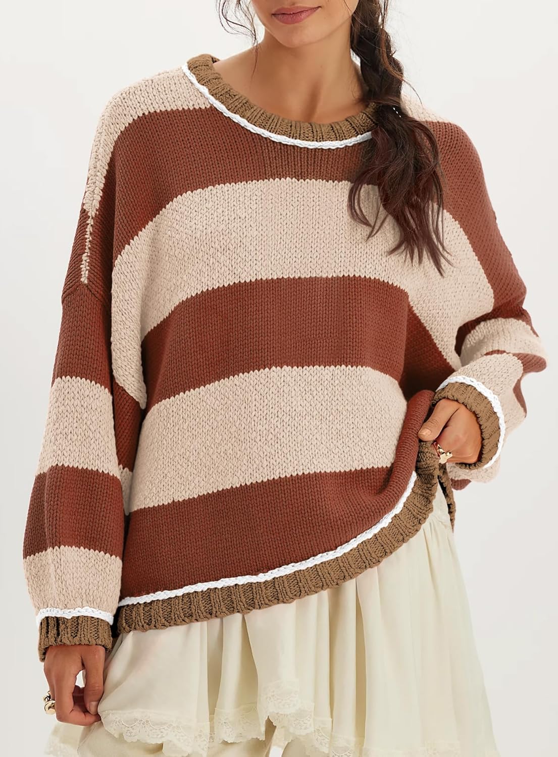 Women's Chunky Knit Striped Sweaters Casual Long Sleeve Crew Neck Oversized Pullover Sweater Winter Fall Spring Tops - Image 3