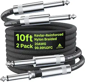Cabo Guitarra 2 Unidades 3 m, Cabo P2 com Tecido de Nylon Anti-Enroscamento Reforçado com Kevlar, Conector Neutrik REAN, 20AWG 99,99% OFC Blindado, Cabo de Guitarra para Guitarra Elétrica Fender