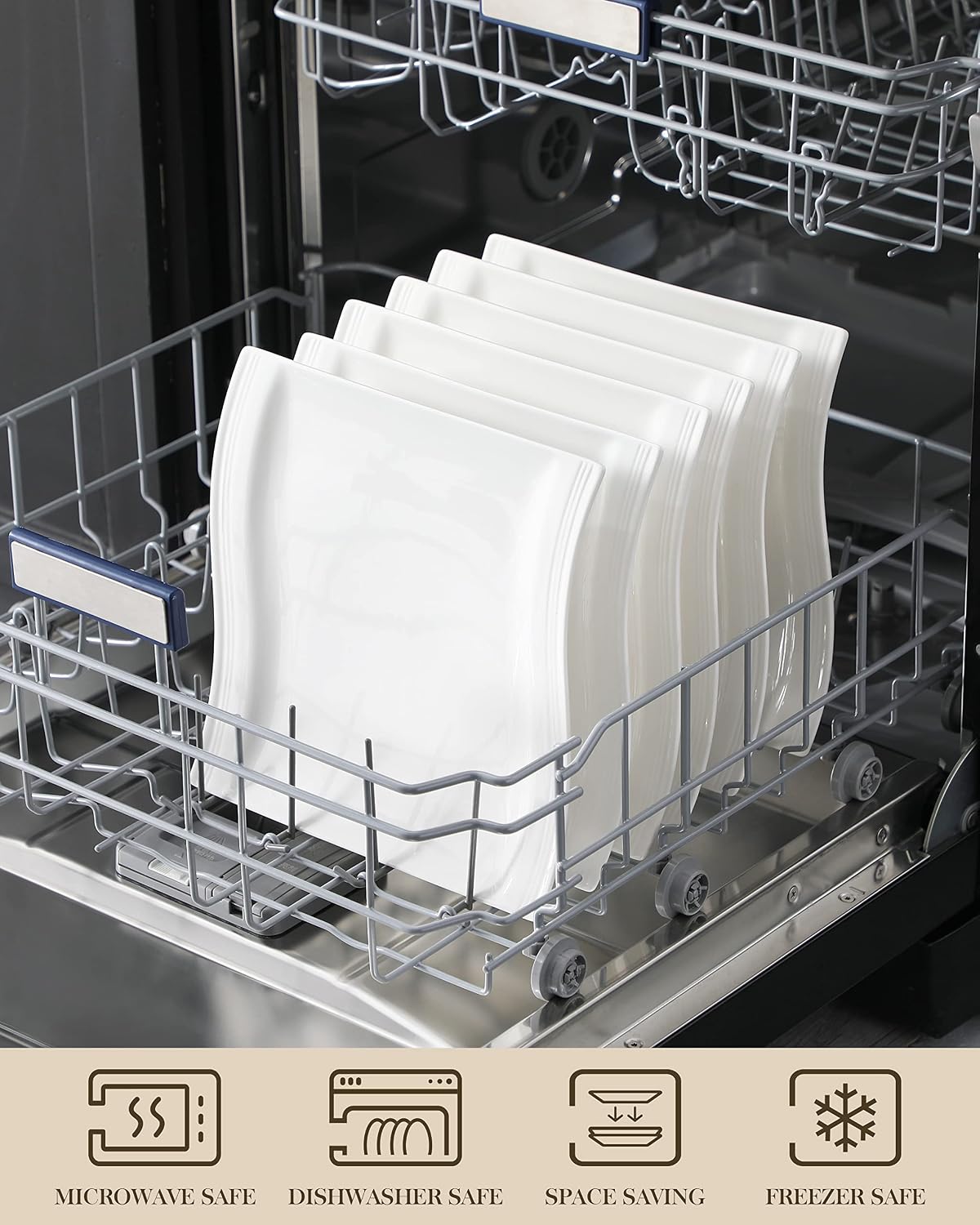 MALACASA White Square Dinner Plates - 10 Inch Porcelain Serving Plates Set of 6, Modern Ceramic Salad Dessert Plates, Dishwasher, Oven and Microwave Safe Kitchen Plates, Flora Series