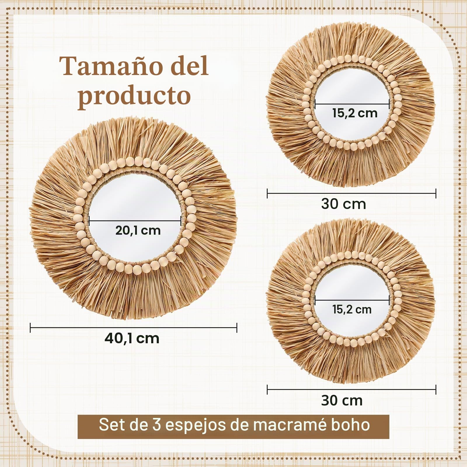3 espejos de rafia bohemios para colgar en la pared, 15.8 pulgadas, 11.8 pulgadas, redondos, redondos, bohemios, con cuentas de madera, espejos estéticos para dormitorio, sala de estar, baño