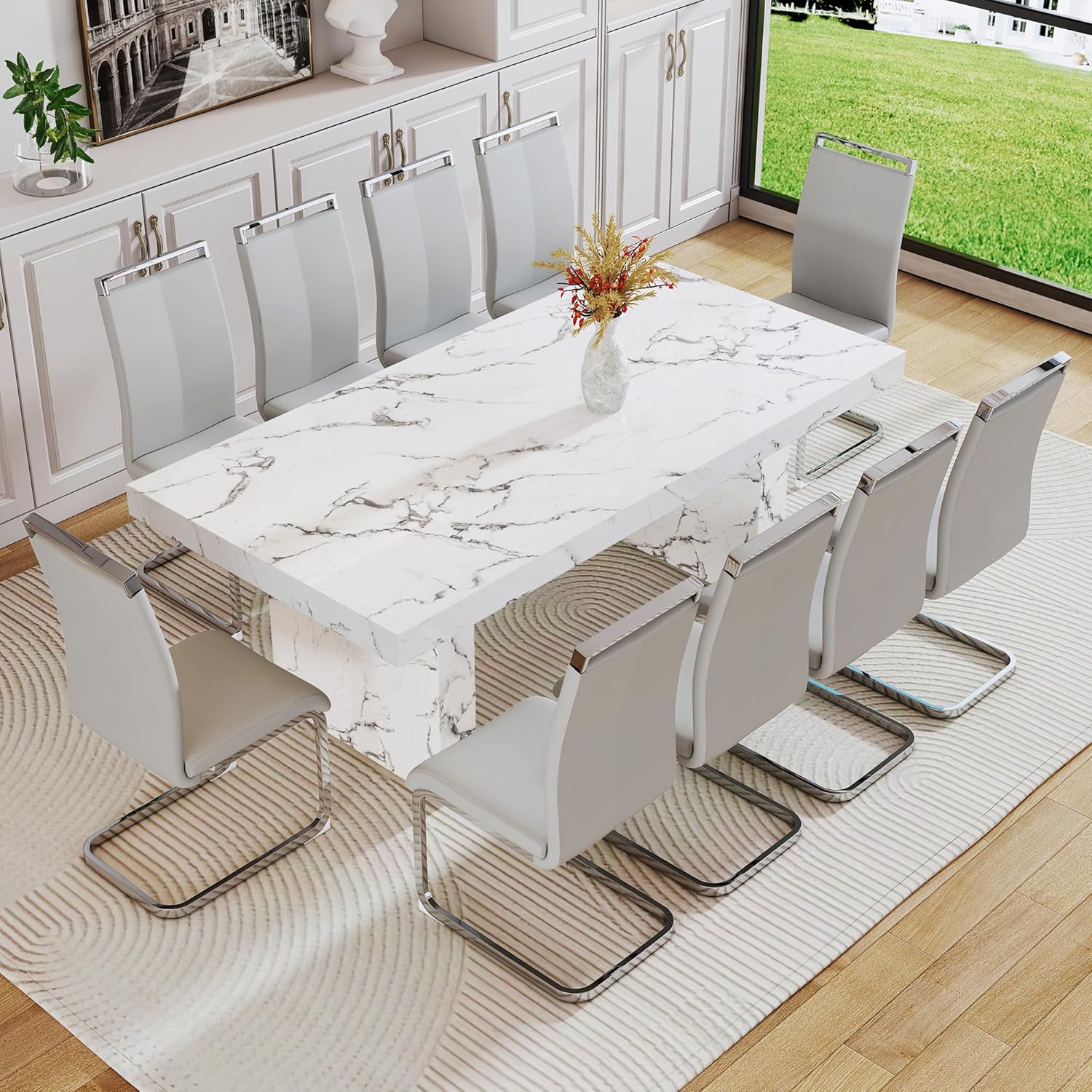 gopop 11 Piece Dining Table Set, 79″ Marble Dining Table Set