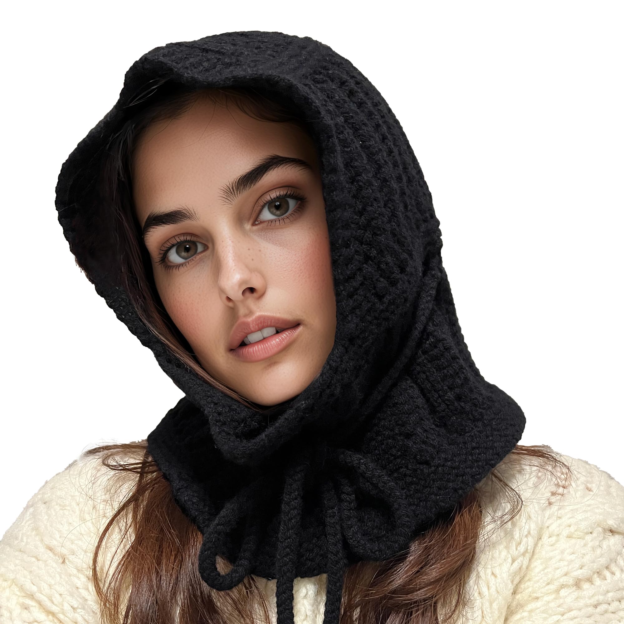 Acushla Women's Black 100% Merino Wool Fashion Balaclava For Soft Warm Light Hooded Scarf Knitted Hat And Scarf In One, One Size