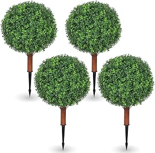 26 inch Height Artificial Boxwood Topiary with Ground Spikes, Set of 4 UV Resistant Faux Boxwood Ball Trees for Outdoors, Fake Evergreen Shrubs Bushes Plants for Garden Patio Front Door Balcony