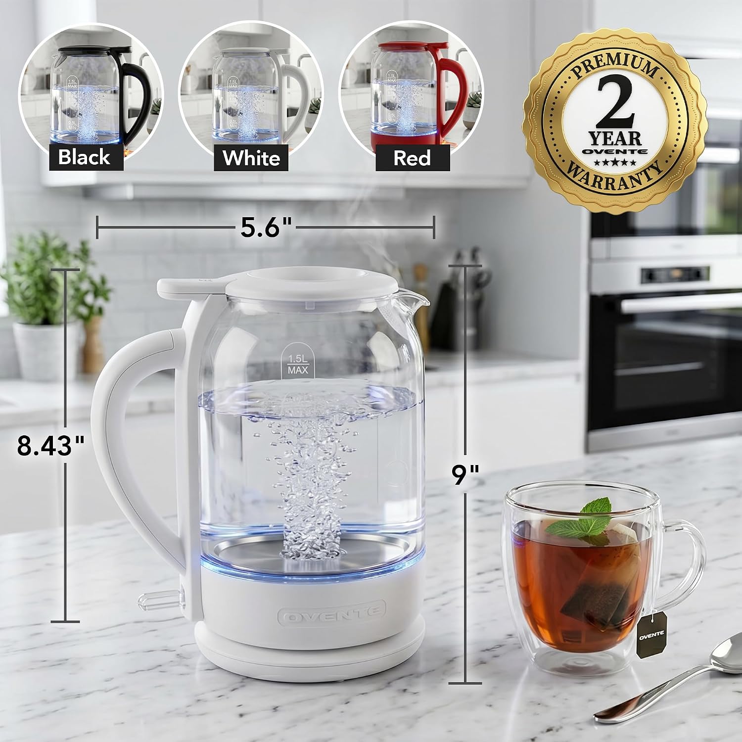 OVENTE 1.5L Glass Electric Kettle Water Boiler, White KG516W