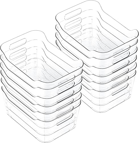 Paquete de 12 cubos de almacenamiento de plástico transparente, organizador de acrílico y recipientes con asa para despensa, armario, refrigerador,