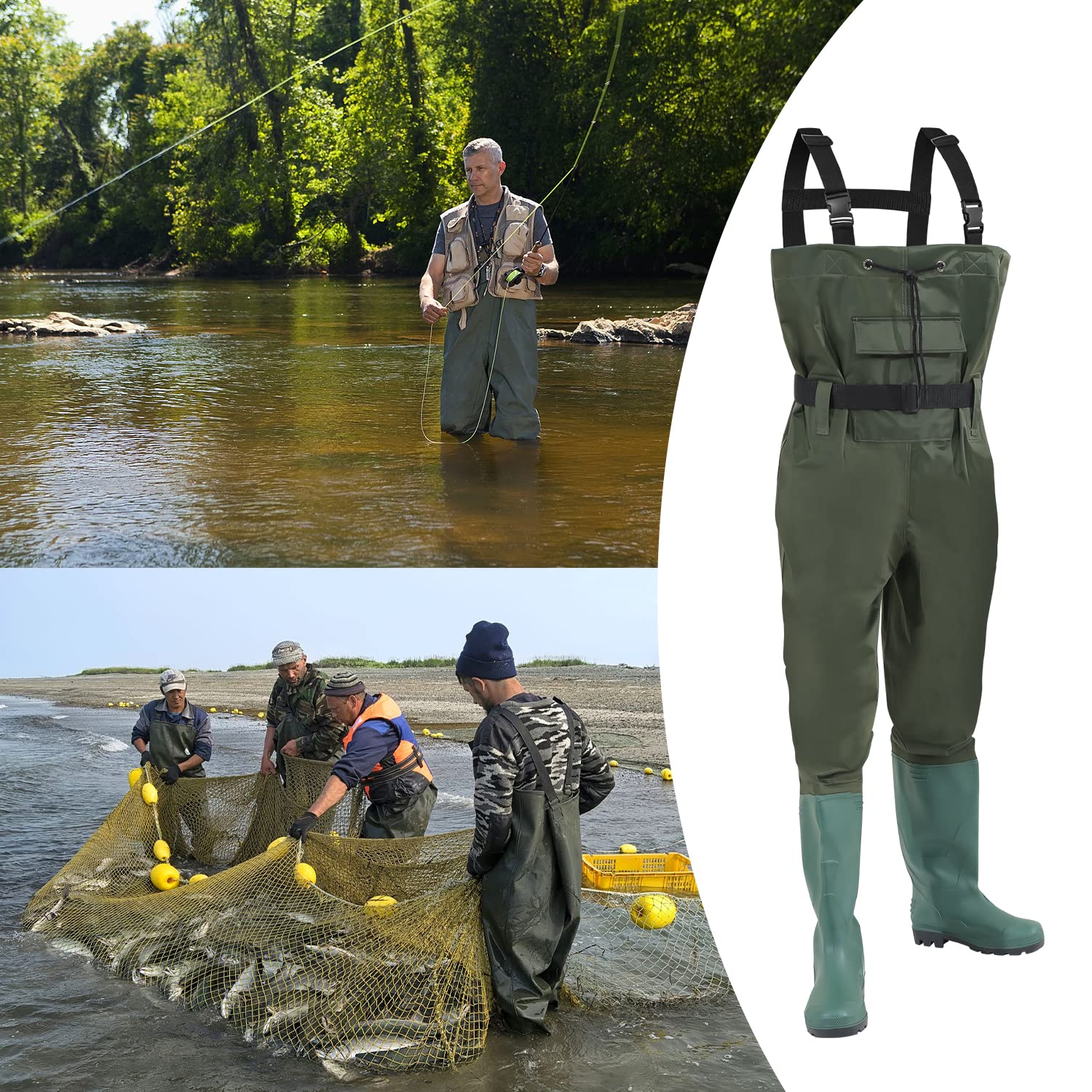 Waders, Waders étanches 70D Nylon Composite PVC Pantalon de pêche, avec Bottes en Caoutchouc antidérapantes, Pantalon de Bassin, Pantalon de Crue