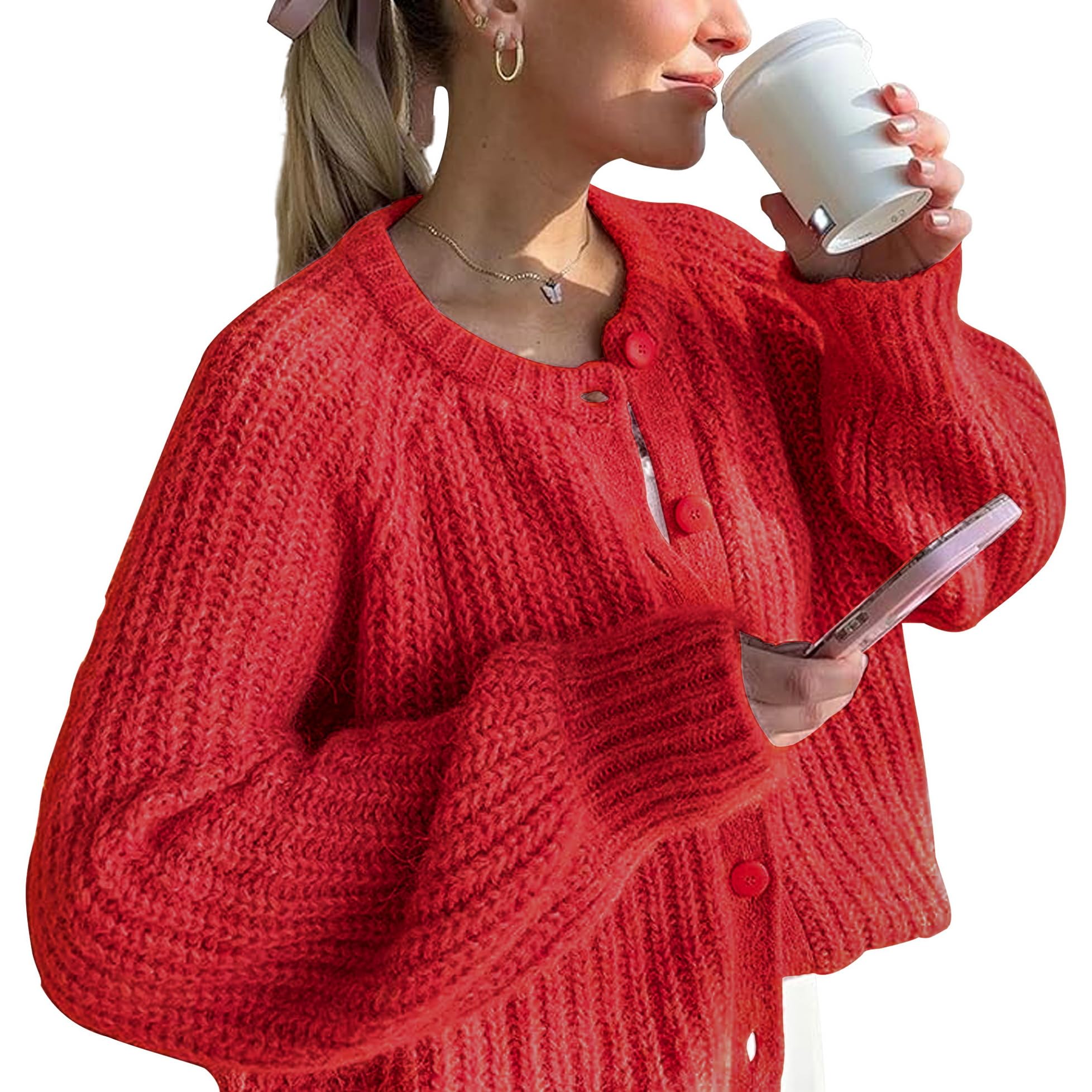Crochet Cardigan Sweaters for Women Tops Chunky Knitted Crew Neck Long Sleeve Button Down Jackets Open Front Coat