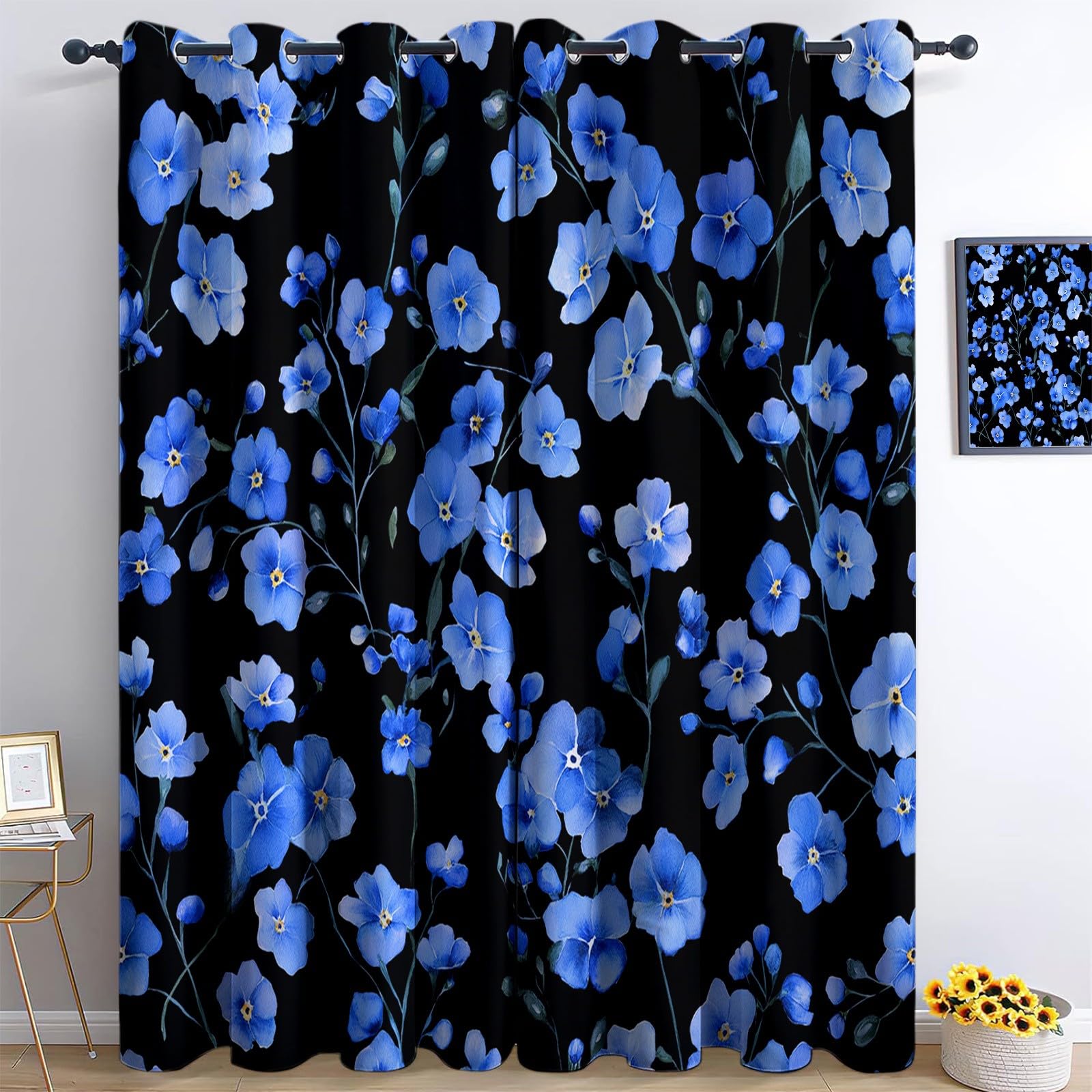 Générique Rideaux Enfants Fleurs Aquarelles Haute Définition 110 X 215 Cm (Lxh) 2 Panneaux, Rideaux À Œillets Occultants À Isolation Thermique pour Décoration Chambre Salon, Bleu