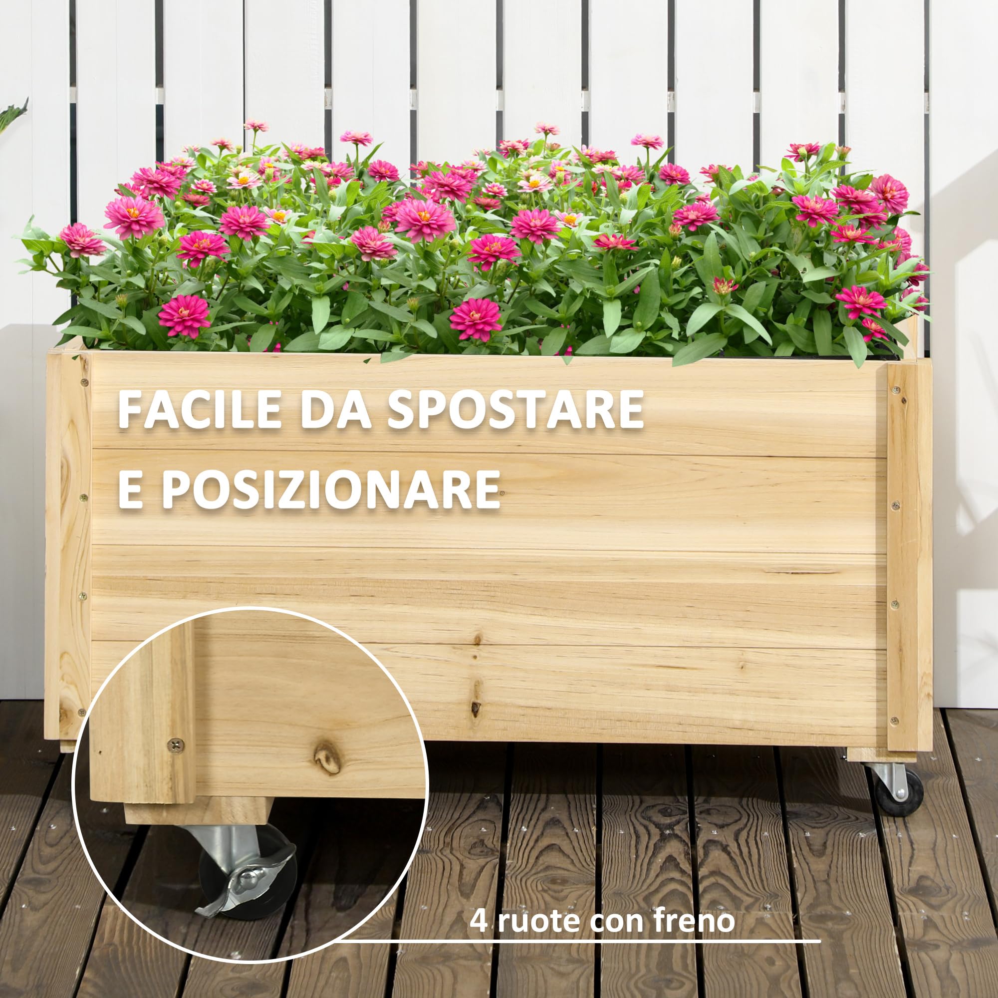 Outsunny Fioriera da Giardino con Foro di Drenaggio e Fodera di Tessuto non Tessuto, Fioriera in Legno di Abete con Rotelle, 89x48x47 cm, color Legno