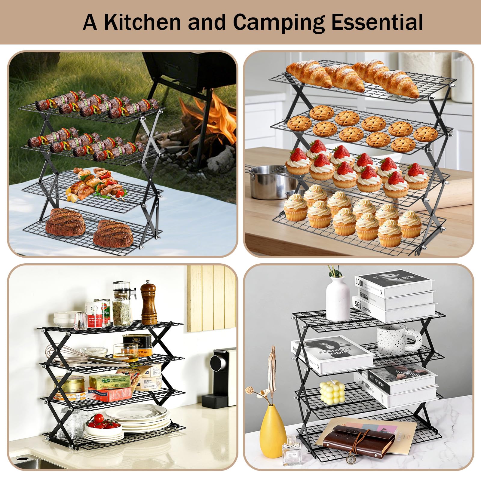 Grille de Refroidissement Pâtisserie 4 Niveaux Pliable, Hauteur Réglable, Four et Lave-Vaisselle Safe