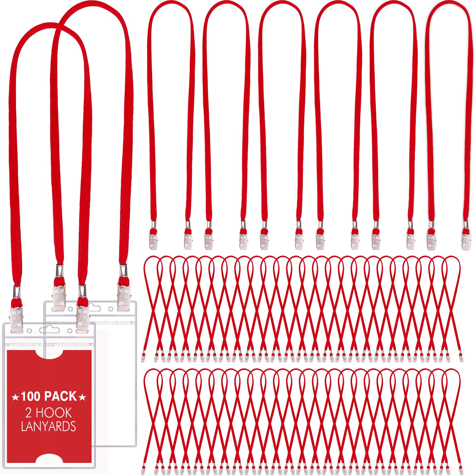 Patelai 100 Pack Twist Free Double Clip Lanyards Bulk 2 Hook Adjustable Neck Strap for ID Badge Face Mask Badge Holder for Back to School Office Conference Business Church Essential (Red)