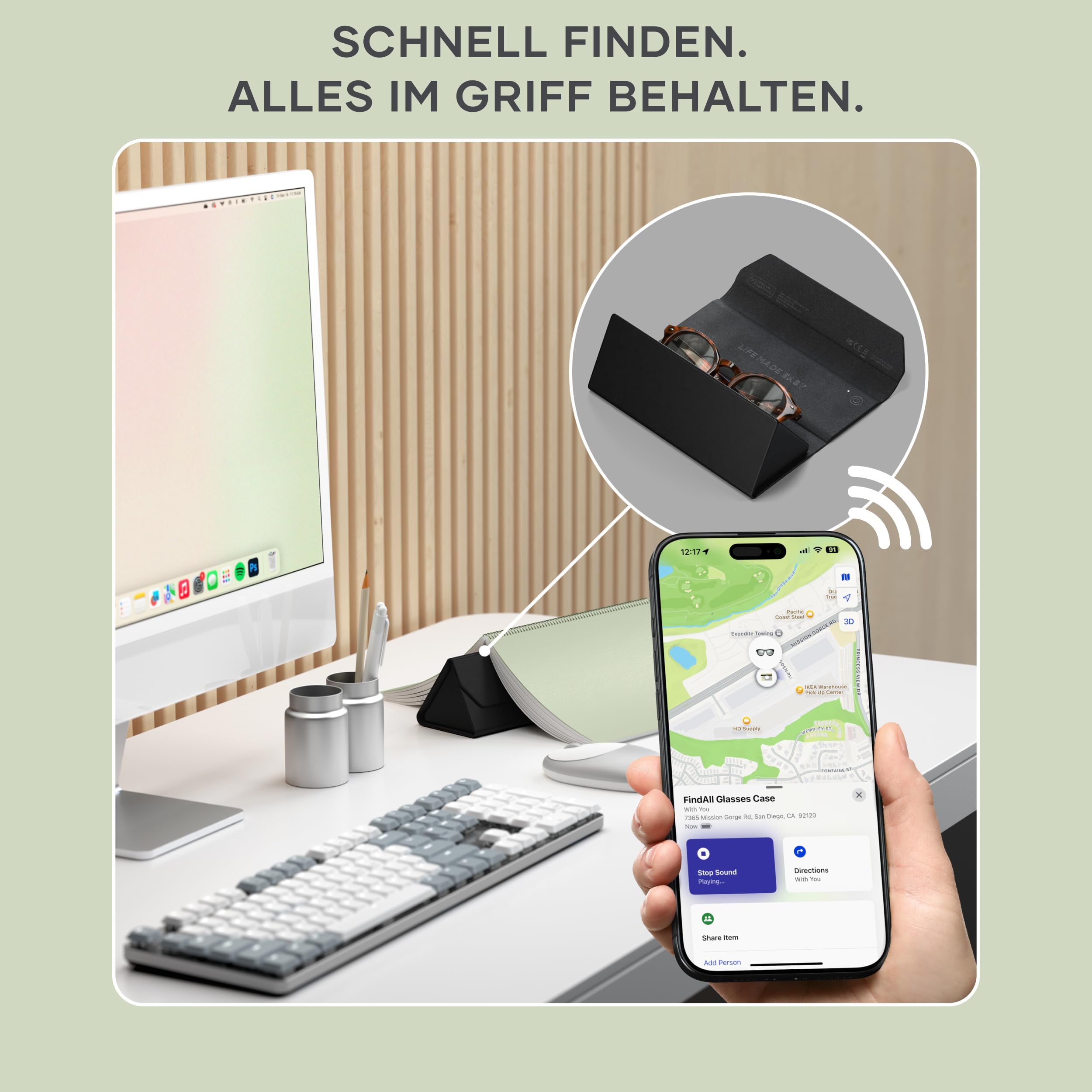 SATECHI FindAll™ faltbares Brillenetui | Apple Find My als GPS-Tracker-Alternative, kabellos aufladbar, Zurücklasswarnung und lauter Signalton