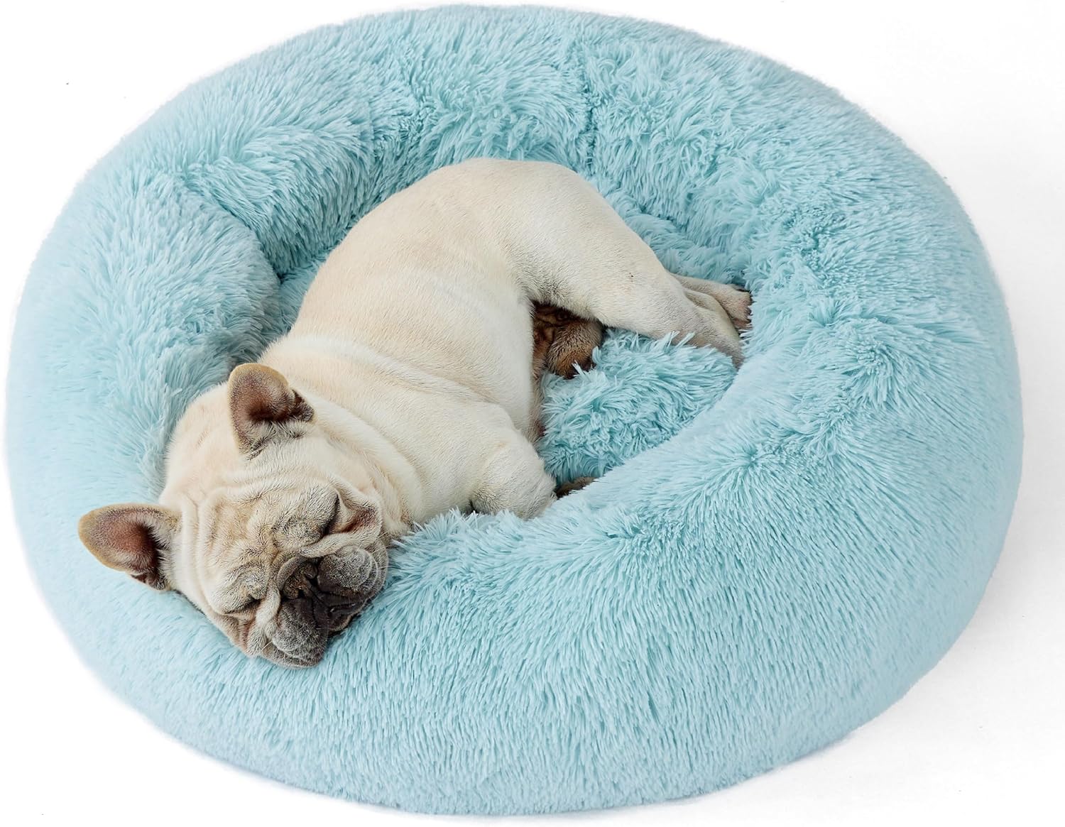 Bedsure Calming Dog Bed for Medium Dogs - Donut Washable Medium Pet Bed, 30 inches Anti-Slip Round Fluffy Plush Faux Fur Cat Bed, Fits up to 45 lbs Pets, Aqua Blue 30"L x 30"W x 8"Th Aqua Blue