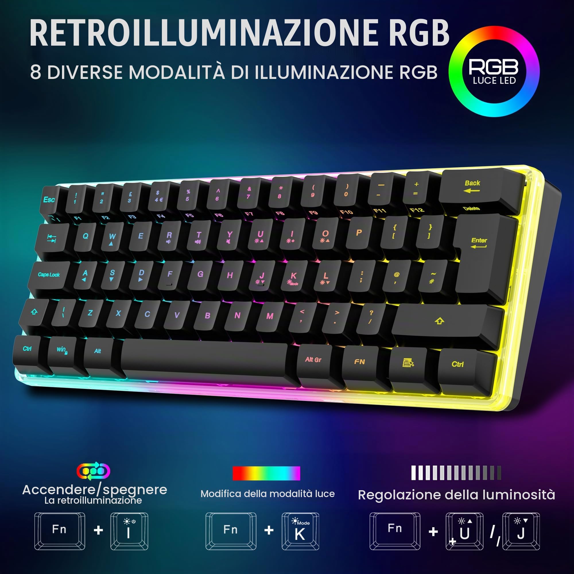RedThunder K62 - Tastiera e mouse da gaming RGB 60% wireless in lingua spagnola, mini tastiera ultra compatta retroilluminata ed ergonomica, mouse da gaming ottico 3200 DPI, compatibile con PC, PS5