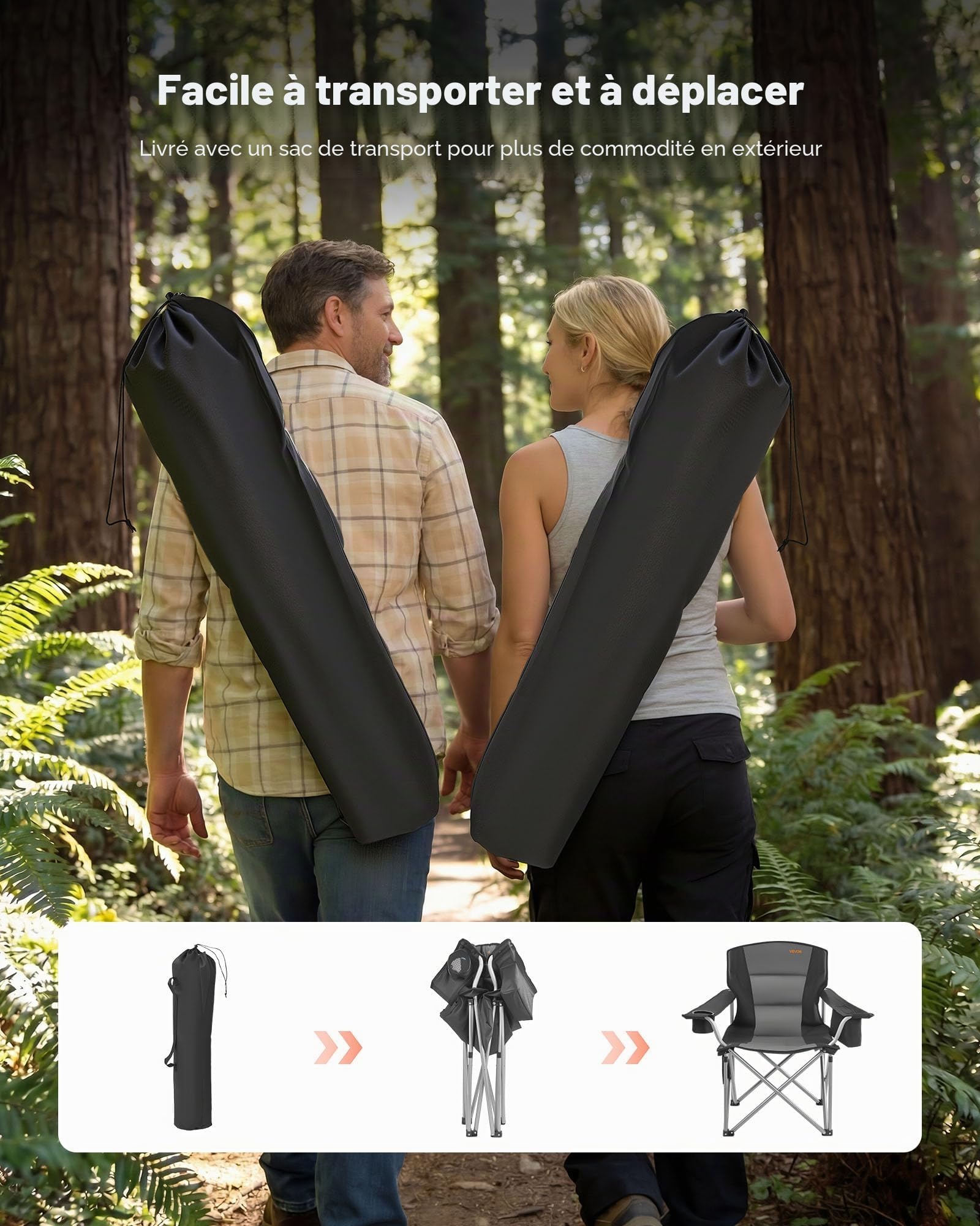 VEVOR Chaise de Camping Pliante et Portable 2PCs, Fauteuil Pliable Camping Charge 204 kg, pour Pique-Nique Randonnée Pêche en Plein Air, avec Dossier et Accoudoirs Rembourrés et Porte-gobelet