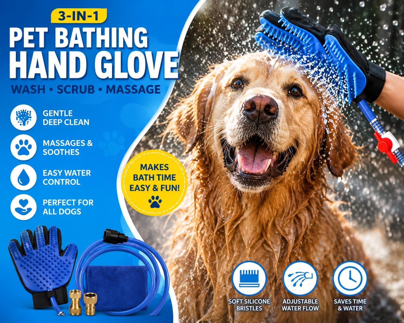 Dog Bath Glove & Sprayer – 3-in-1 Pet Bathing Tool for Washing, Scrubbing & Deshedding – Connects to Garden Hose – Adjustable Water Pressure – Easy Rinse Dog Shower – Gift for Dog Owners image 3