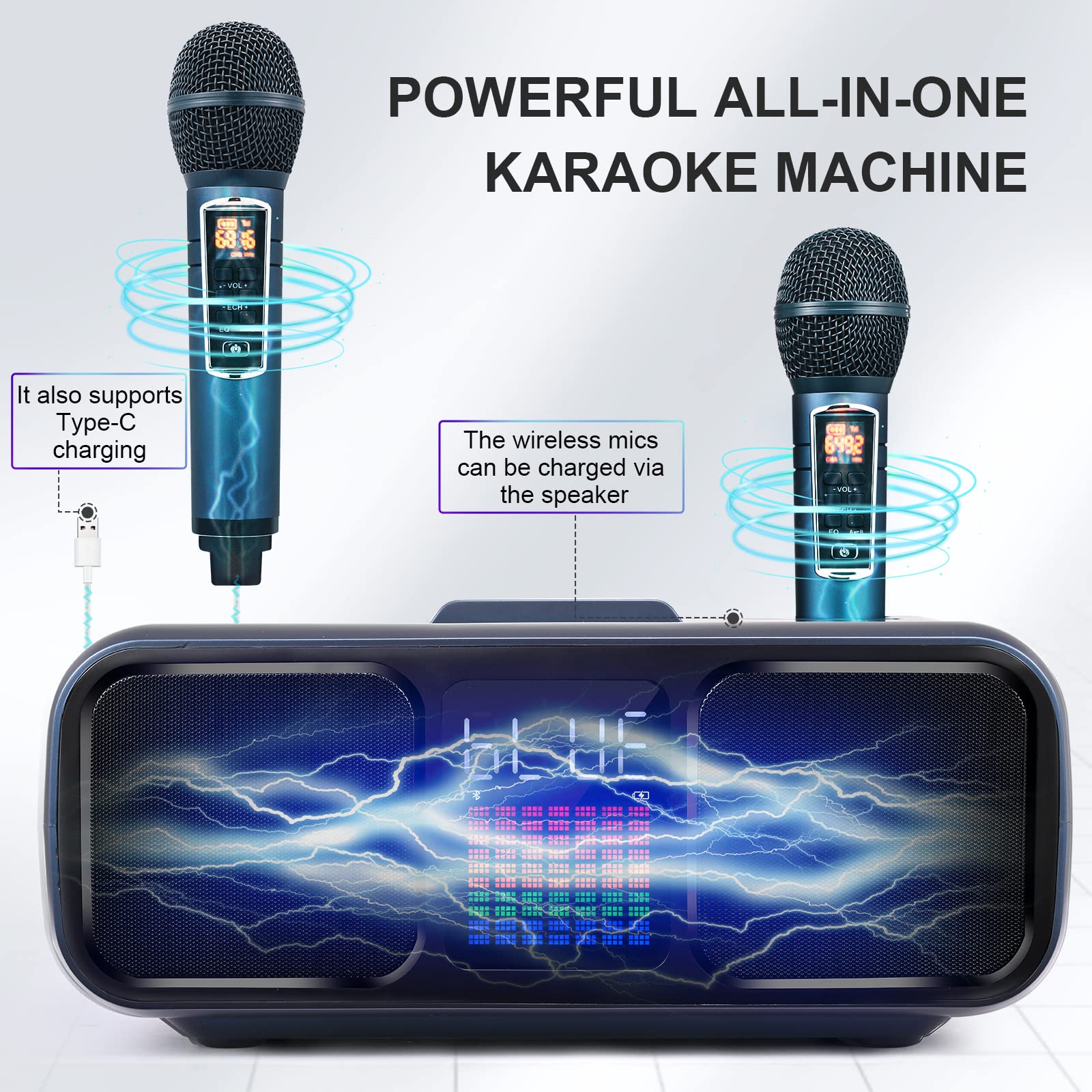 Máquina de Karaoke z Bluetooth, Equipo de Karaoke Portátil z 2 Mikrofonami Inalámbricos, systemem PA i Modo de Canción de Karaoke para Fiestas en Casa, Bodas, piknik, C