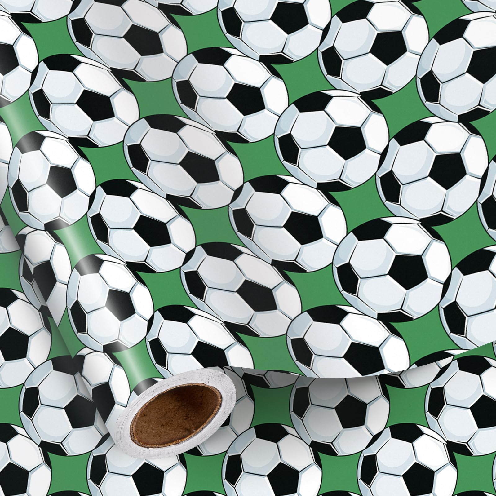 RUSPEPA Soccer Ball Wrapping Paper Roll for Boys, Mini Roll, Classic Football Pattern on Green Grass Background Gift Wrap for Sports Birthday, Game Day Party, 43.2cm x 5m — image 1