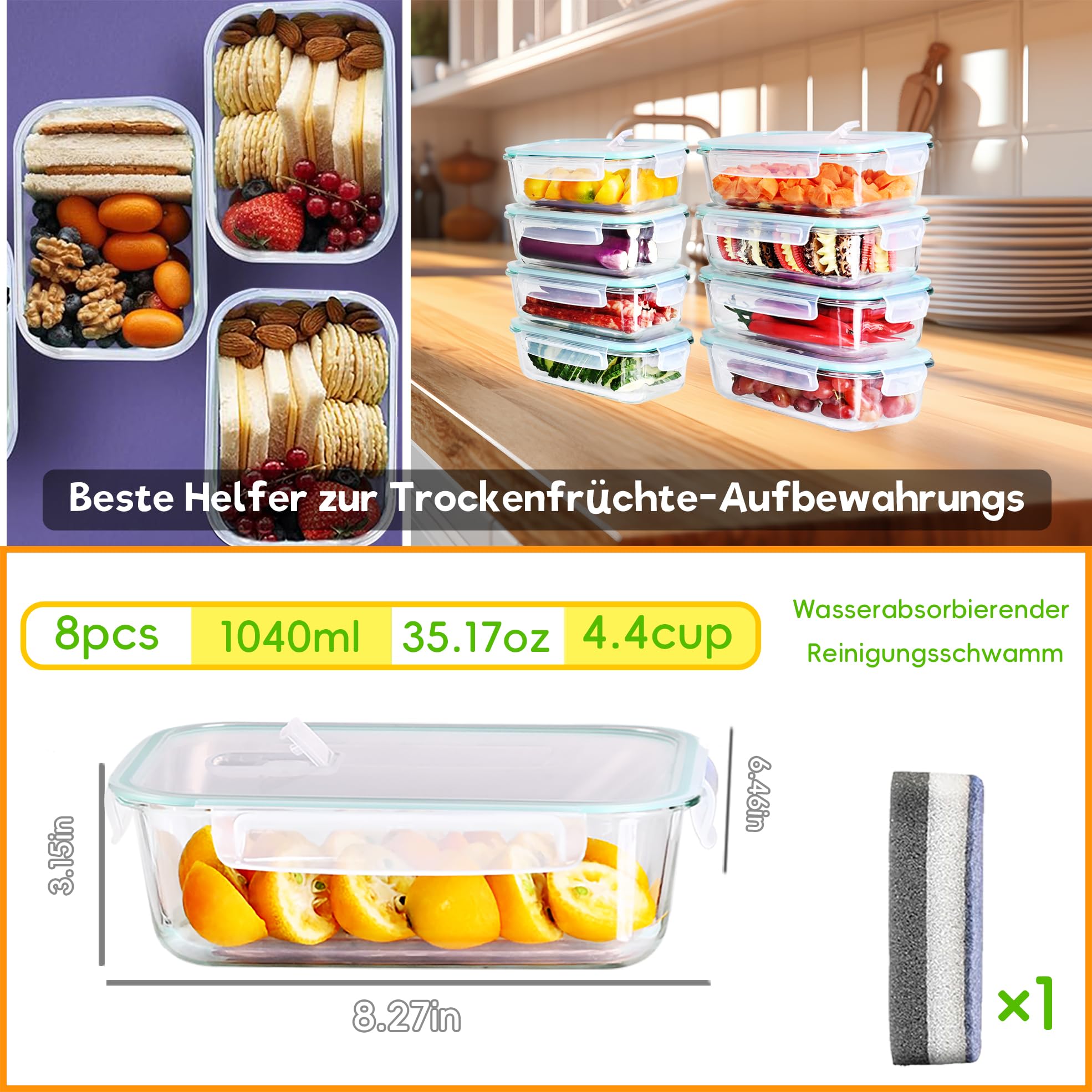 LNWSN Meal Prep Boxen – 8x1040ML Frischhaltedosen | Glasschüssel Mit Deckel Aus Borosilikatglas | Mikrowellengeschirr Für Ofen/Gefrierschrank (-40°C~560°C) | 4-Punkt & LFGB/FDA