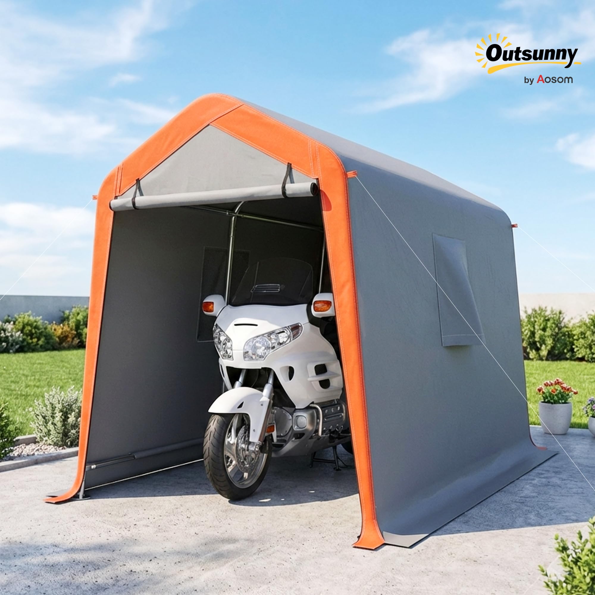 Outsunny Carpa Garaje Portátil 2,4x1,8 m, Garaje Exterior para Coche Impermeable con Puerta Enrollable con Cremallera, Ventanas, Estructura de Metal Galvanizado, UPF30+, Gris Claro