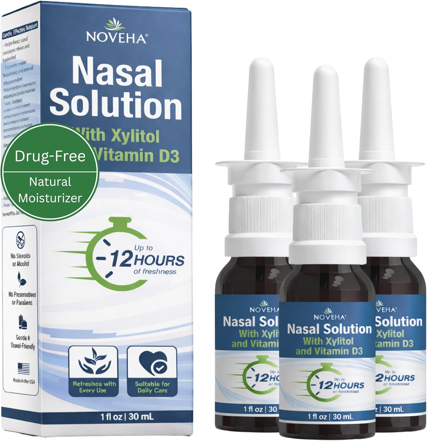 NOVEHA Xylitol Nasal Spray – Drug-Free Natural Moisturizer for Dry Nose, Sinus & Allergy Relief – Hydrating Saline Nasal Spray with Vitamin D3 & Grapefruit Seed Extract Gentle Daily Congestion Support
