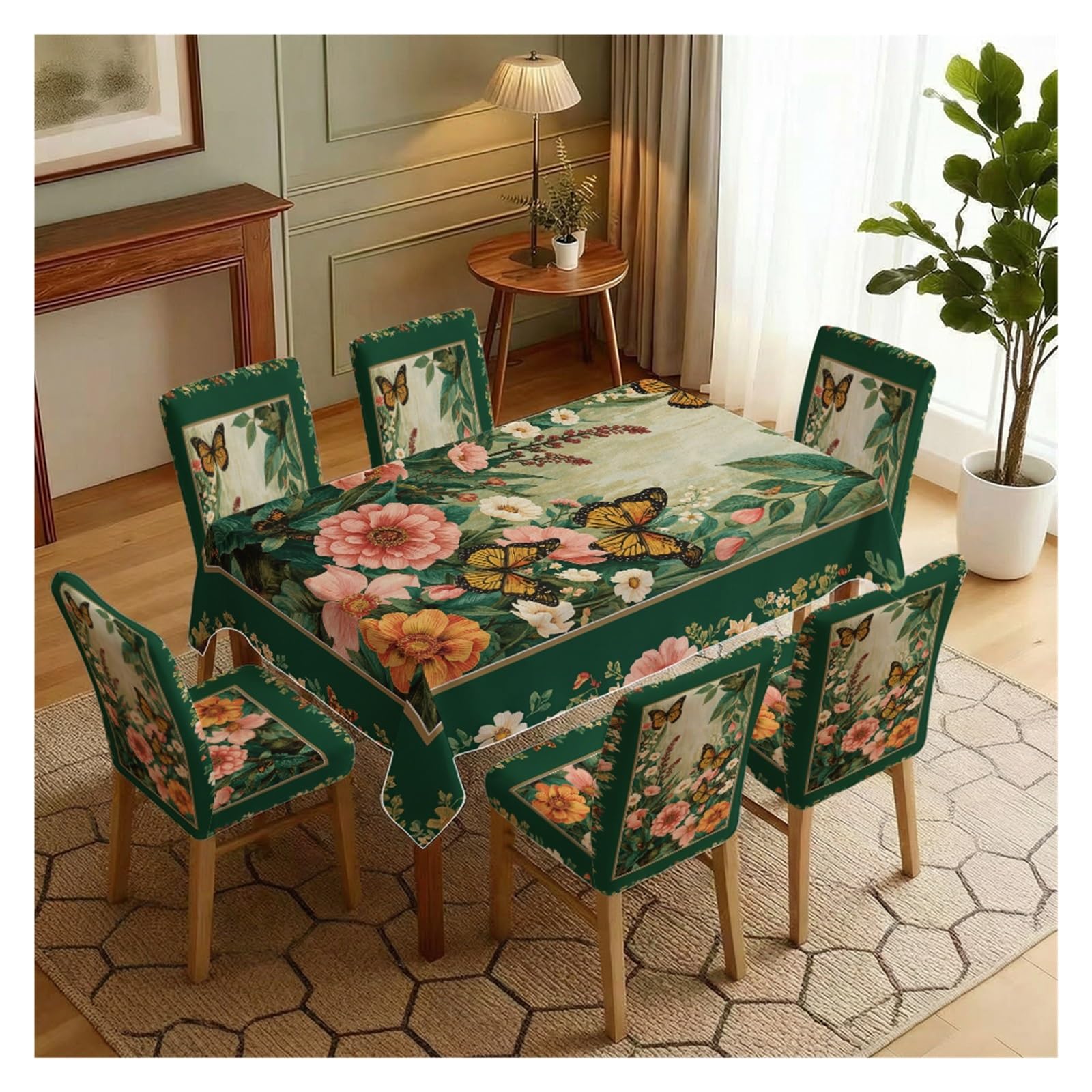 BOSUYBN Stretch Dining Chair Slipcovers And Tablecloth Set, Dark Green Vintage Butterfly Floral Print, 5/7 Pack For Dining Room Cottage Home Decor Table Setting(7pcs Set: Tablecloth+Chair Covers)