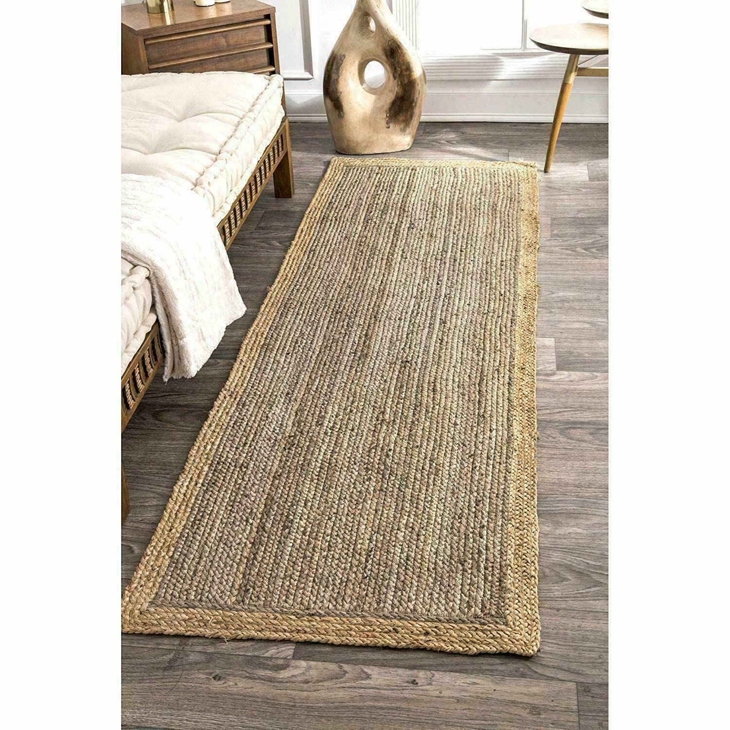 Dywan jutowy, szary, beżowy, ręcznie pleciony, prostokątny, dywan do salonu, przedpokoju (75 x 210 cm)