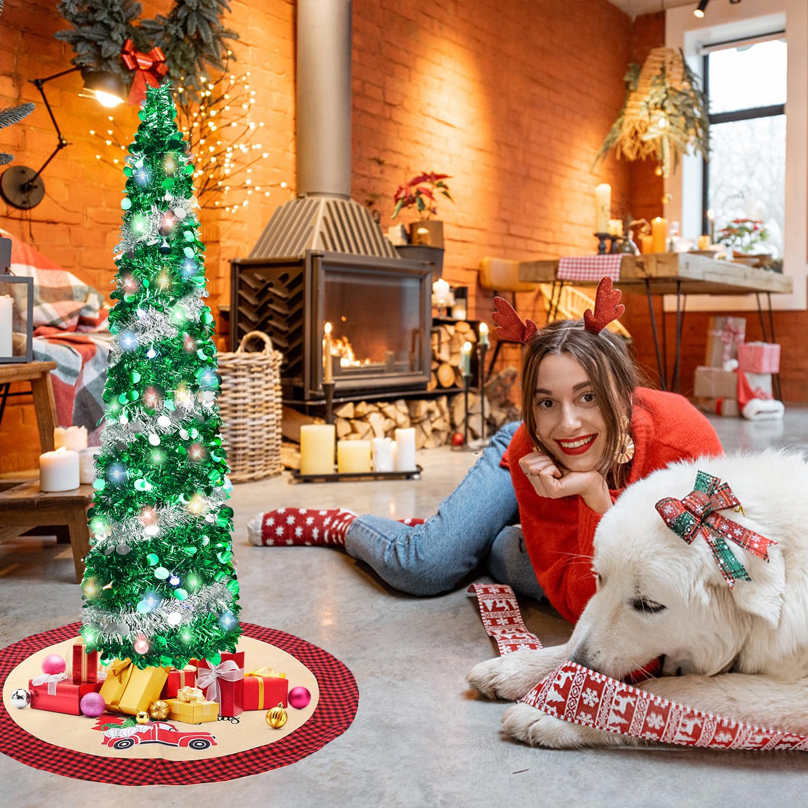 QBA Sapin de Noël pop-up de 1,5 m avec 90 lumières, sapin de Noël pliable à guirlandes fines pour la maison, le bureau, le dortoir, l'appartement, la boutique, les fêtes, vert argenté