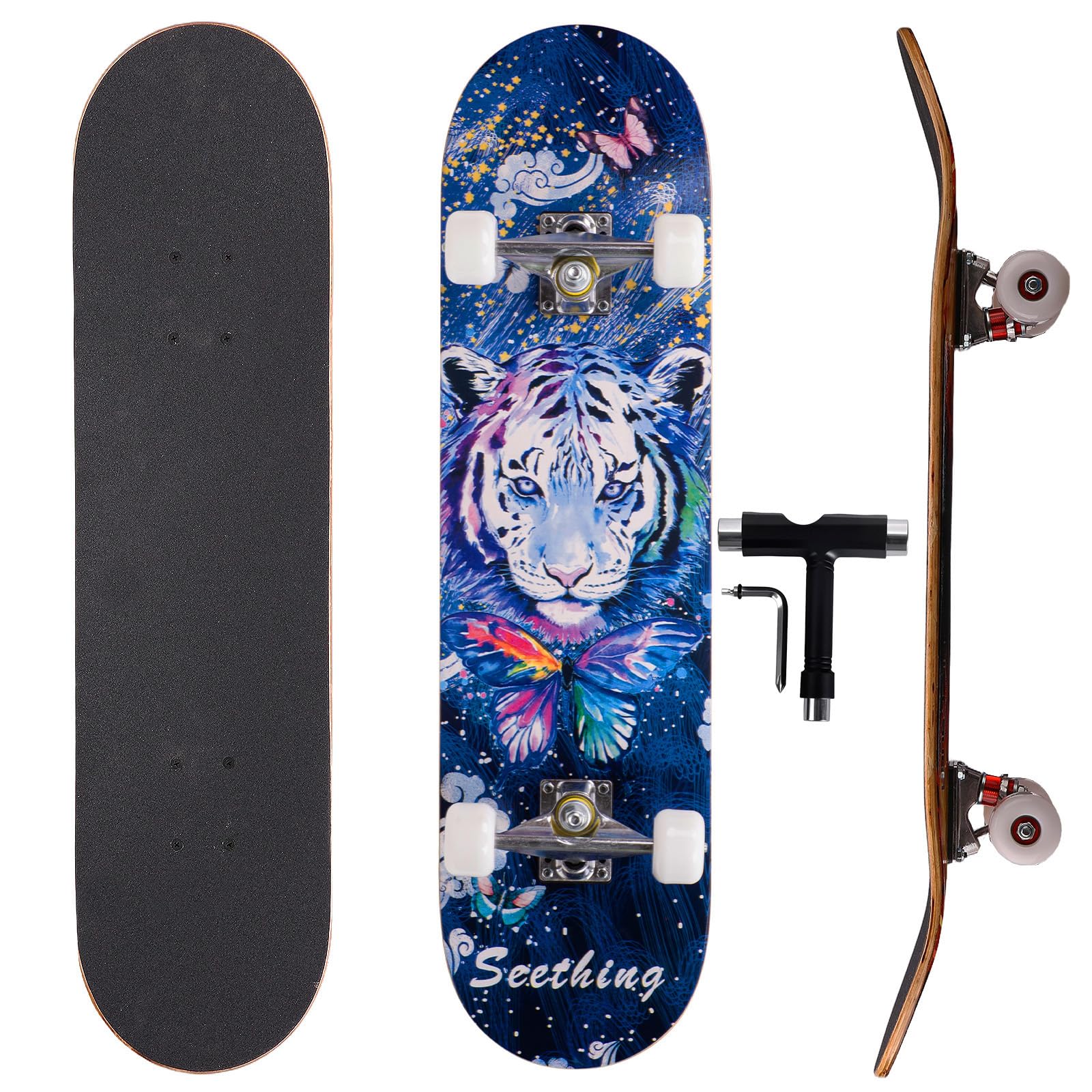 Cartoon Professional Double Kick Skateboard, 31 inch Maple Deck, ABEC-9 Bearings, 95A PU Wheels