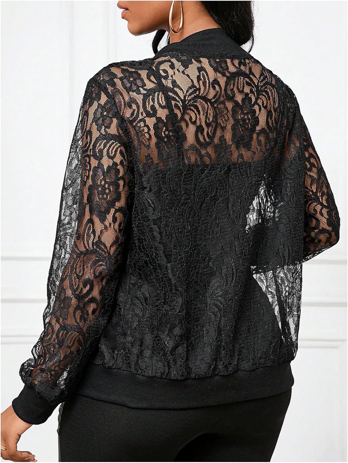 OYOANGLE Women's Lace Long Sleeve Bomber Jacket Stand Collar Sheer Zip Up Jackets Outwear - Image 3