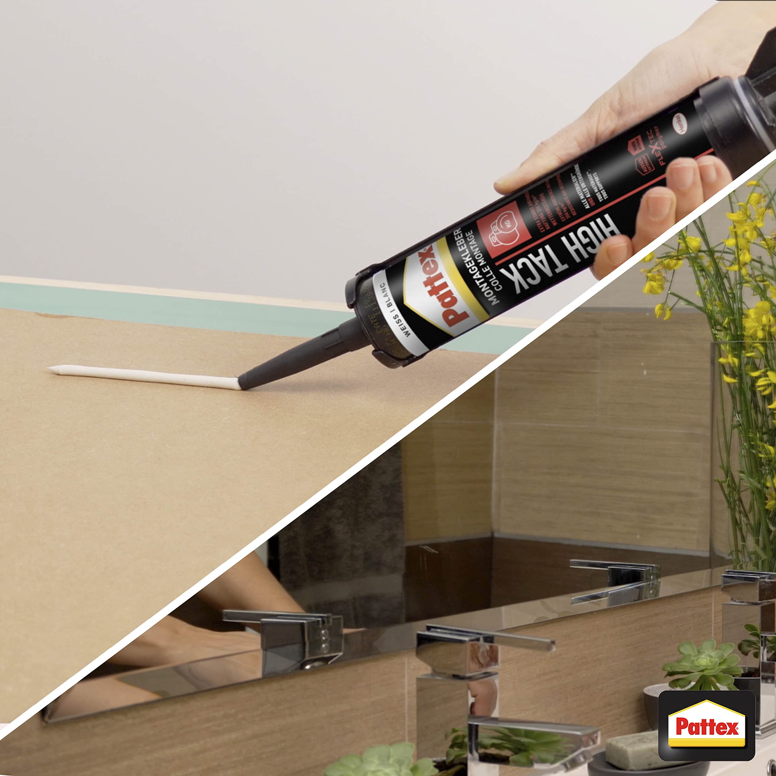 Pattex Montage High Tack, Montagekleber mit sehr starker Anfangshaftung, lösemittelfreier Baukleber für fast alle Materialien*, Klebstoff für innen und außen**, 3x511g Kartusche
