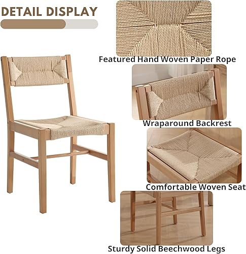 Miniatura 4 de Juego de 2 sillas de comedor de ratán de madera, con respaldo y asiento de mimbre de algas marinas, silla bohemia de caña de granja, patas naturales