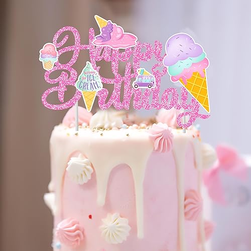 Miniatura 6 de Decoración de pastel de helado de feliz cumpleaños, decoraciones de fiesta de cumpleaños con purpurina rosa, decoración de pastel de cumpleaños para