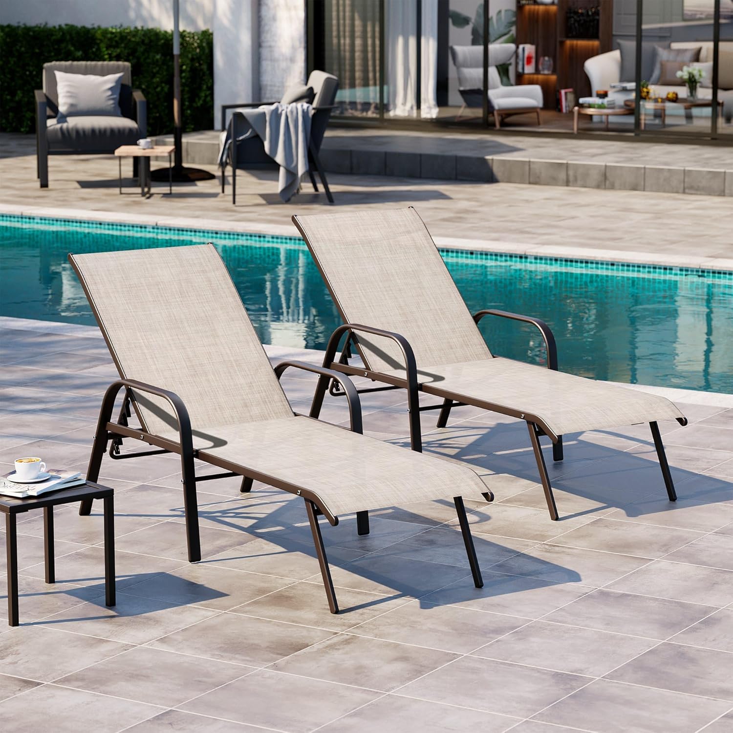 Crestlive Outdoor Chaise Lounge Chair,5-Position Pool Lounge Chairs with Armrests Sunbathing Recliner for Patio,Beach,Deck,Yard (2PC Beige)