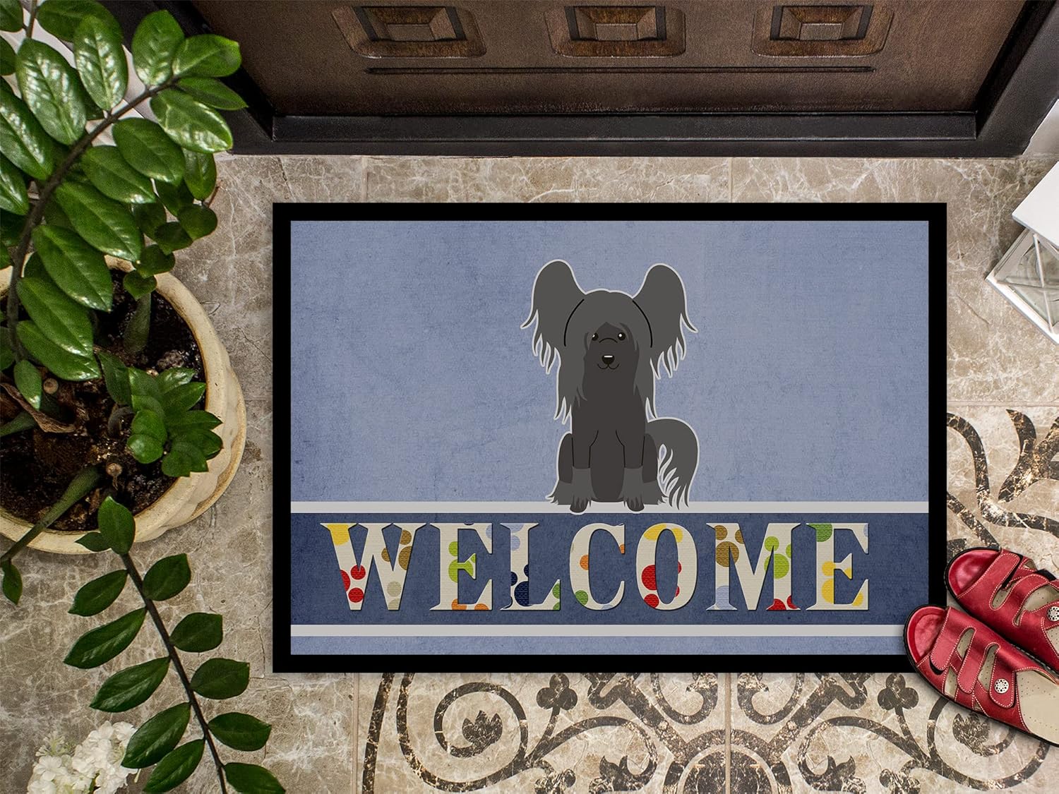 Caroline's Treasures BB5693MAT Chinese Crested Black Welcome Doormat 18x27 Front Door Mat Indoor Outdoor Rugs for Entryway, Non Slip Washable Low Pile, 18H X 27W