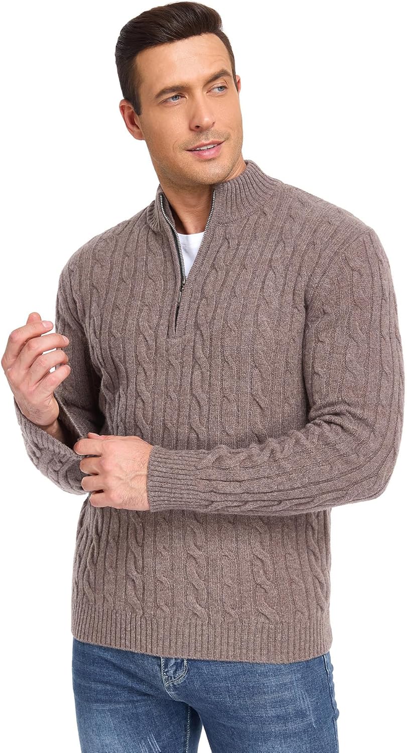 Men's 100% Wool Cable Knitted Quarter Zip Pullover Sweater Tops - Image 4