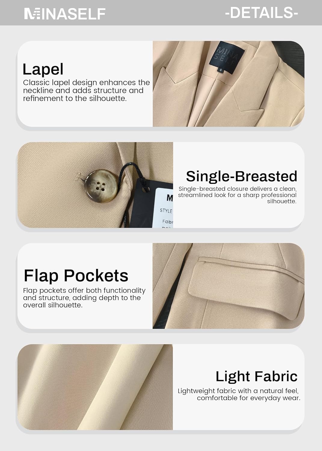 Mina Self 2026 Women Spring Casual Blazer - Fully Lined Lightweight Button Lapel Collar Slim Fashion Work Office with Pocket - Image 6