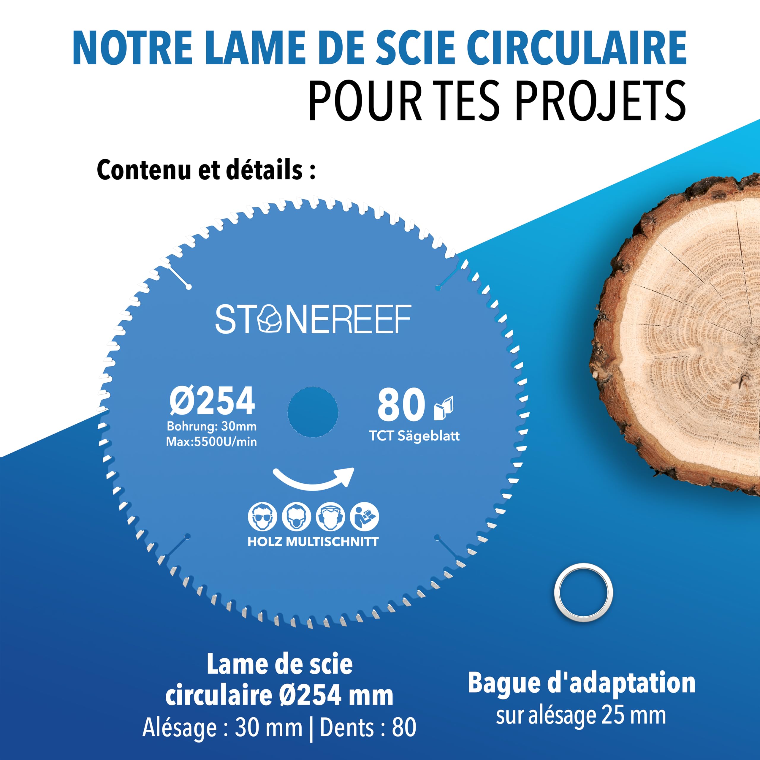 STONE REEF Lame de scie circulaire 254x30 mm avec adaptateur pour alésage de 20 mm, compatible avec scie plongeante et scie circulaire de Bosch, Makita, idéale pour le bois, le métal et l'aluminium