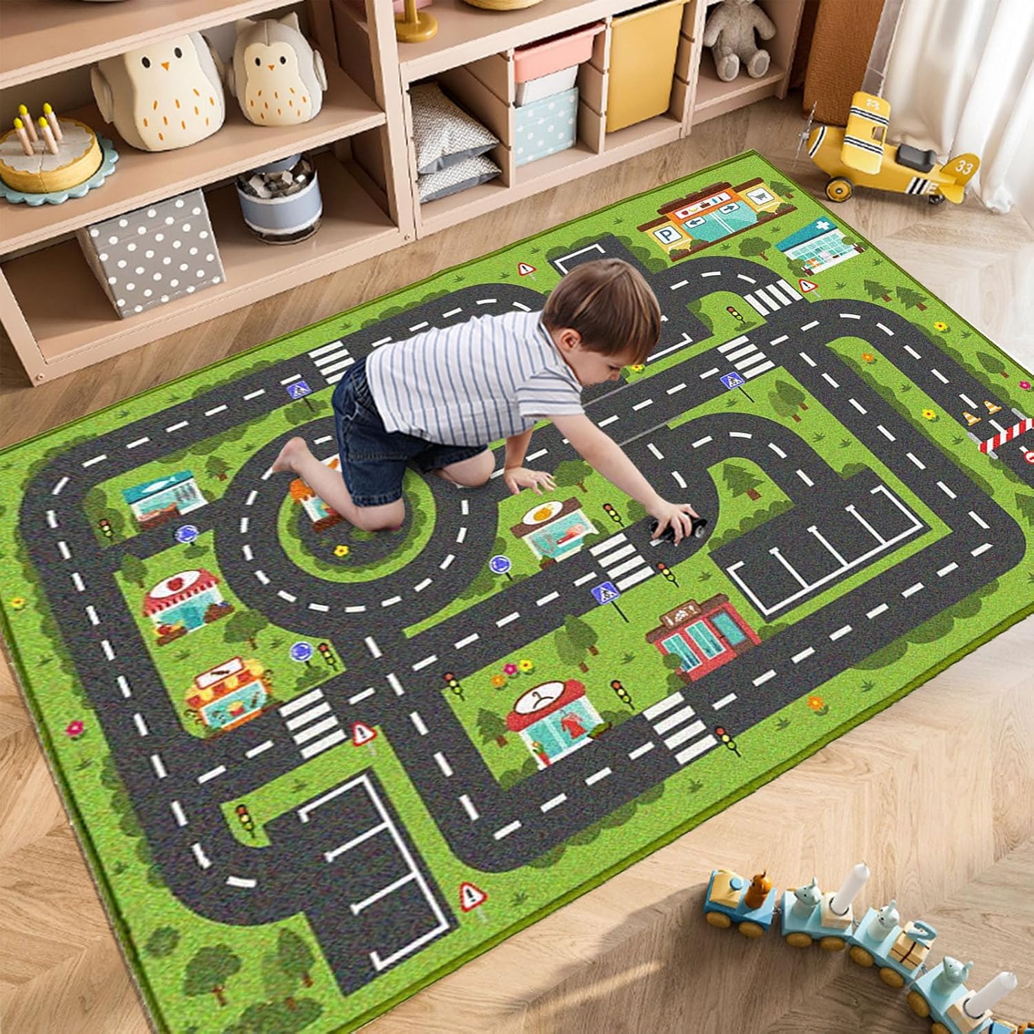 Road Rug for Kids, 2'7" x 3'11", Toy Car Play Rug Mat Carpet with Construction Town Style in Playroom Children Bedroom, Educational City Rugs for Boys Aged 3-12 Years Old