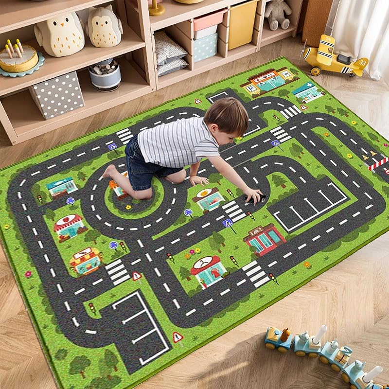 Alfombra de carretera para niños, 2'7" x 3'11", alfombra de juego de autos de juguete con estilo de ciudad de construcción en sala de juegos, dormitorio infantil, alfombras educativas de ciudad para niños de 3 a 12 años
