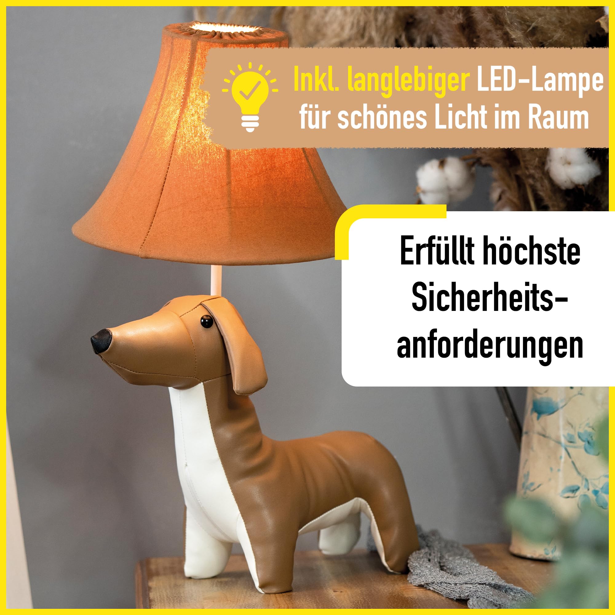 Happy Lamps for smiling eyes Waldi Dackellampe, LED-Tischleuchte, 48 cm hoch, Dekoleuchte, veganes Leder, Handarbeit, hochwertige Tischlampe, top Qualität, Braun und Weiß