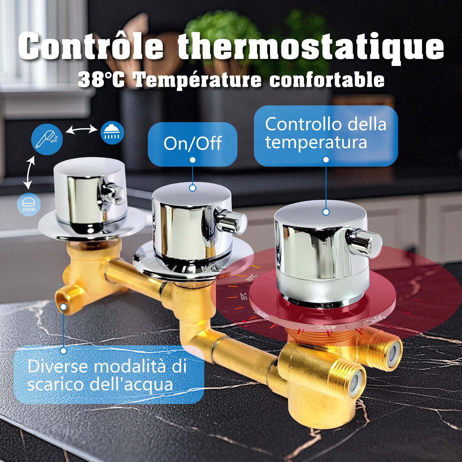 Miscelatore Termostatico A 3 Vie in Ottone Cromato – Doccia E Vasca | Deviatore Multifunzione Con Controllo Temperatura(Filetto a 3 vie)