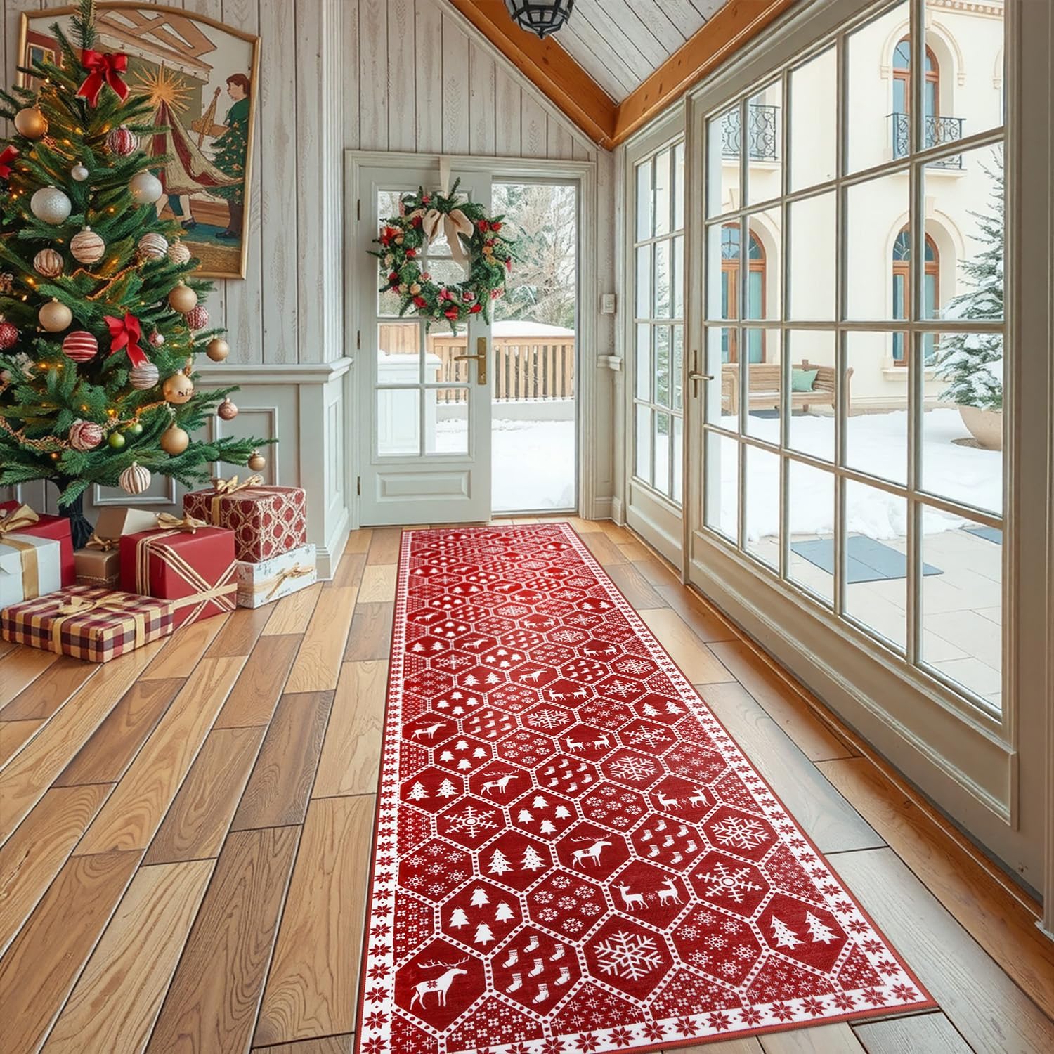 Seavish Christmas Runner Rug, 2x8 Hallway Runner Rug, Red Kitchen Runner Rugs Non Skid Washable, Long Entryway Accent Rug, Modern Holiday Decor Floor Carpet Rugs for Bedroom Bathroom Living Room
